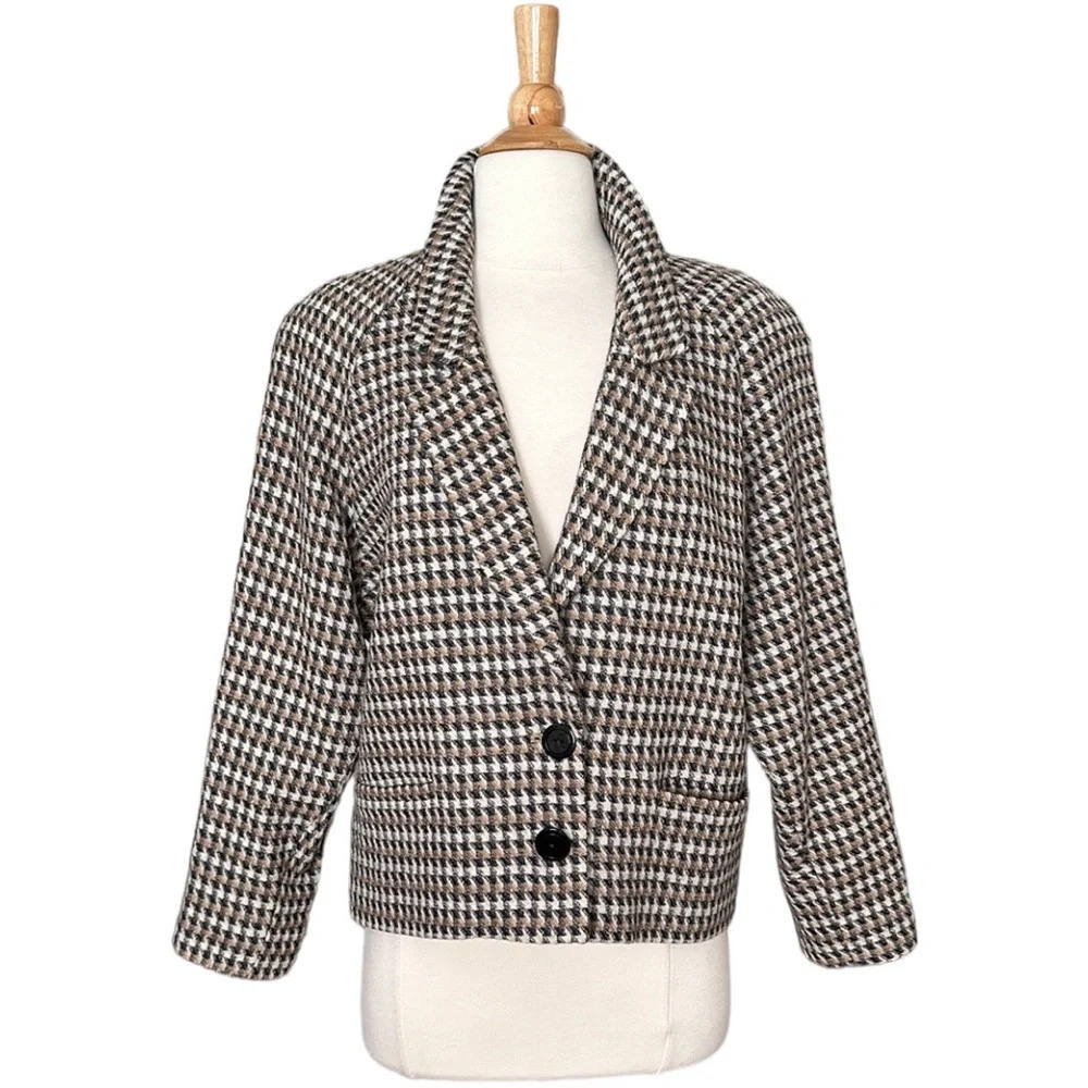 DAVID MERYL Vintage 80s Wool Blazer Jacket Houndstooth‎ Academia Cropped, Size 6 - Picture 15 of 15